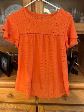 Eyelet Flutter Sleeve Women's Top - Orange